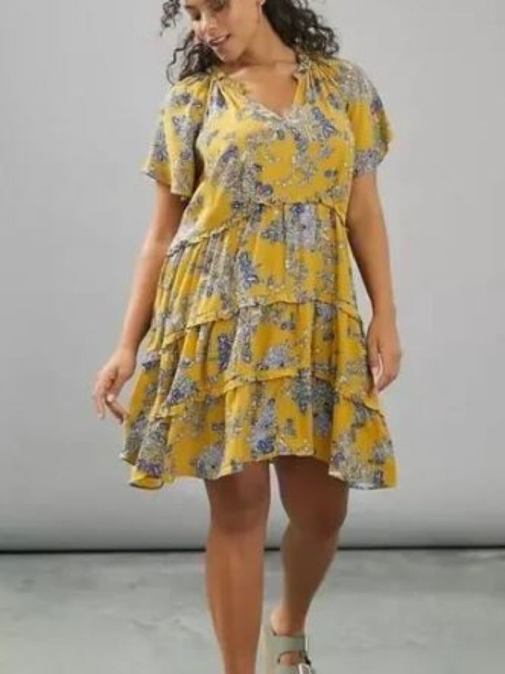 Anthropologie Mustard Yellow Floral Tiered Mini Dress Sz S